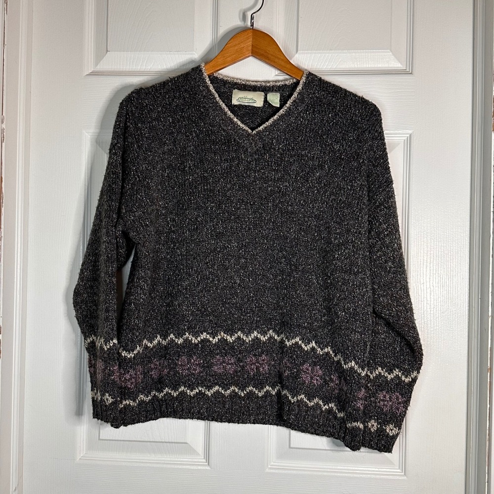 Cattiva Vintage Womens V-Neck Fair Isle Knit Sweater Charcoal Grey Wool Blend‎ L